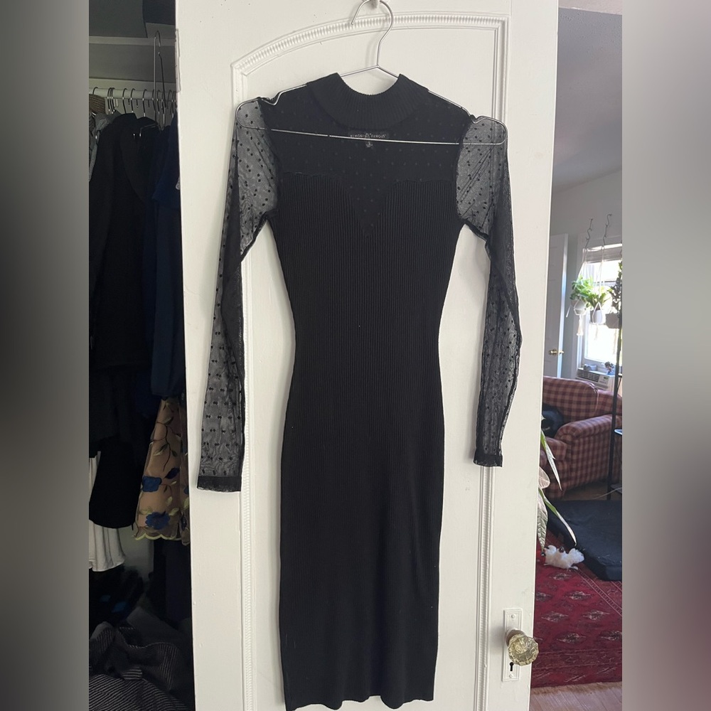 Almost Famous Black Ribbed Midi Dress with Sheer Polka Dot Mesh Sleeves – Small